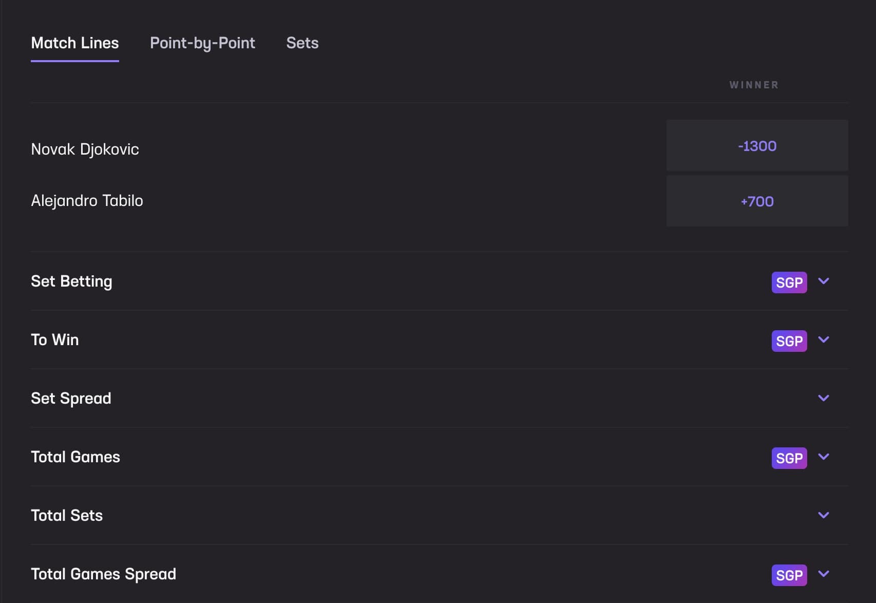 Tennis betting markets at Hard Rock Bet